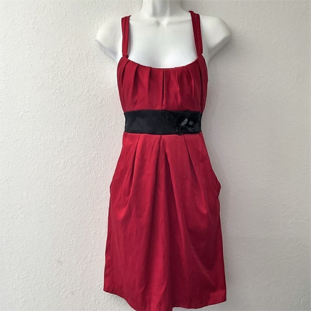 Jodi Kristopher Y2K Vintage Red Pleated Cocktail Dress Black Belt Pockets Size
